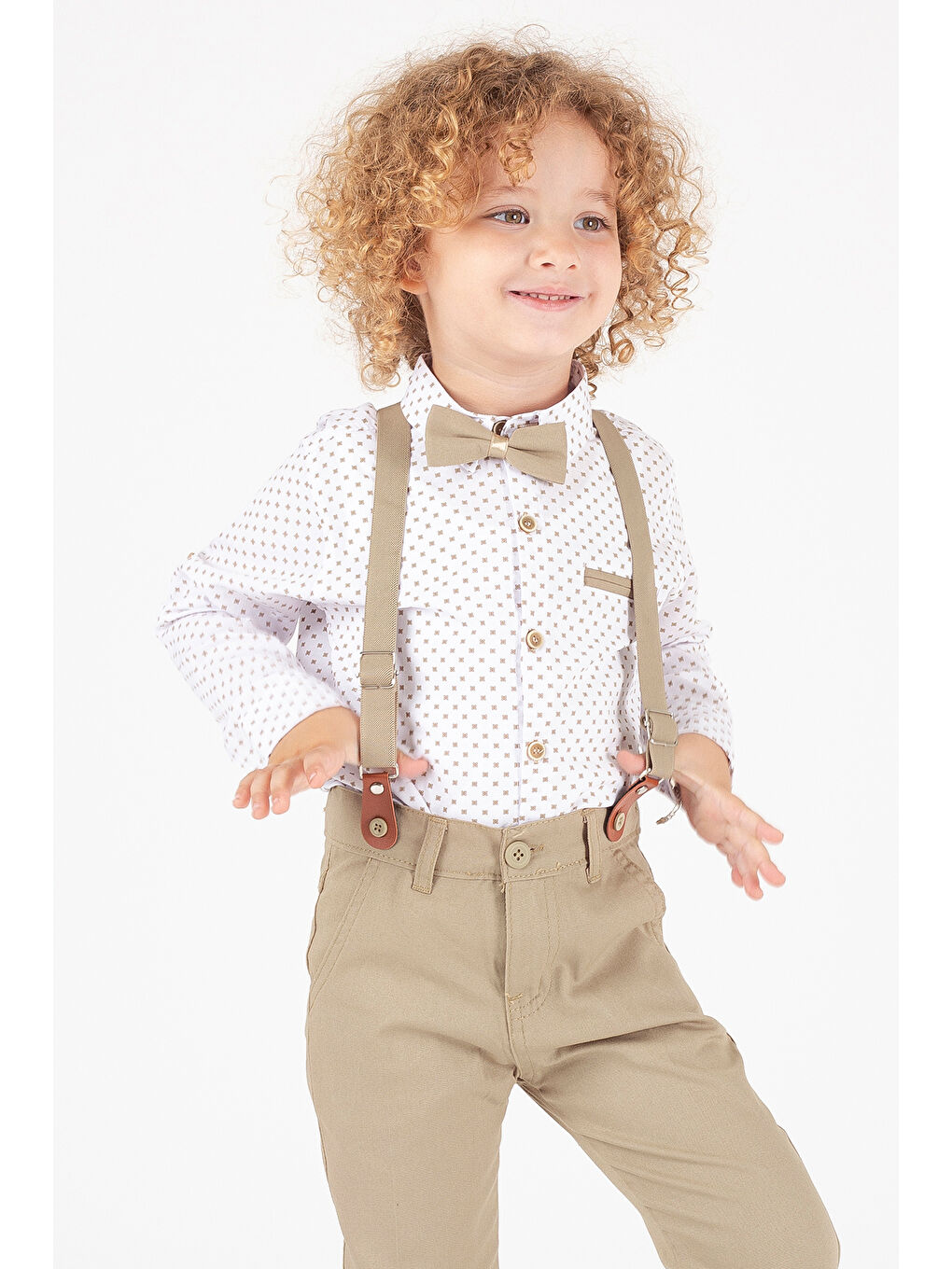 Ekru Krem Papyonlu Askılı Desenli Gömlekli Erkek Çocuk Pantolonlu Takım 20547-1