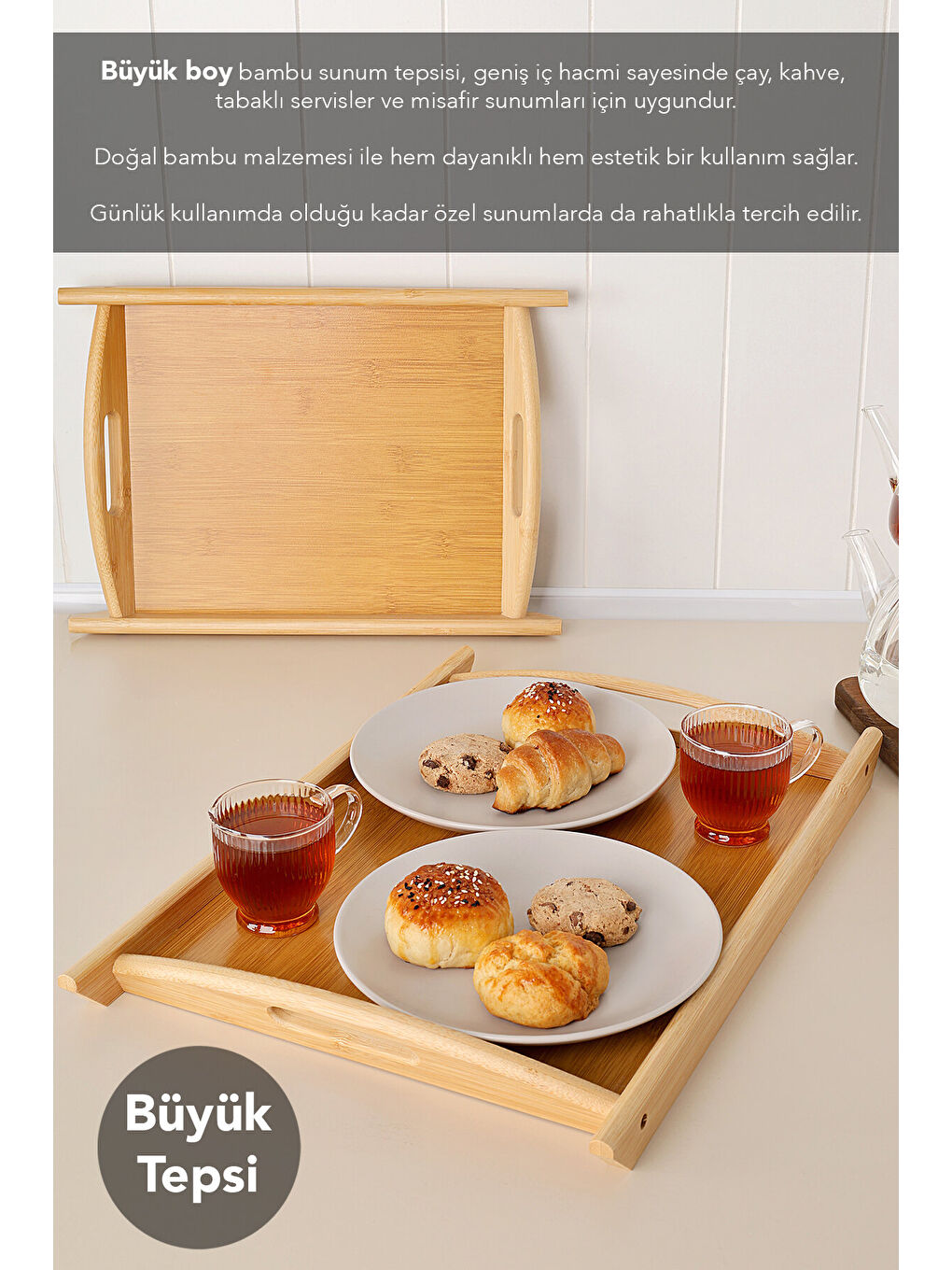 Bej 2'li Kulplu Kayık Bambu Tepsi-1