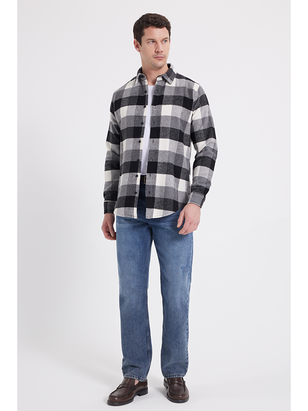 Gri Erkek Slim Fit Dar Kesim Kareli Kışlık Oduncu Gömlek-1