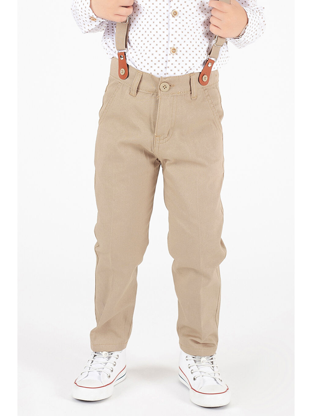 Ekru Krem Papyonlu Askılı Desenli Gömlekli Erkek Çocuk Pantolonlu Takım 20547-3