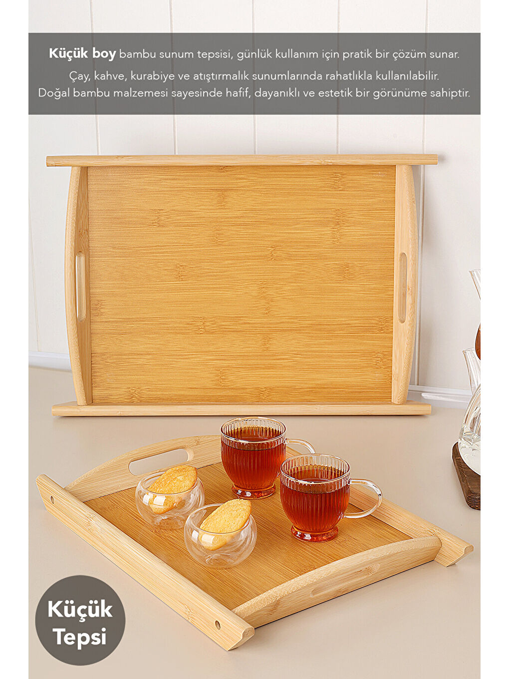 Bej 2'li Kulplu Kayık Bambu Tepsi-2