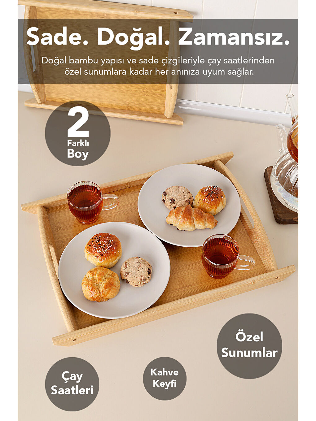 Bej 2'li Kulplu Kayık Bambu Tepsi-3