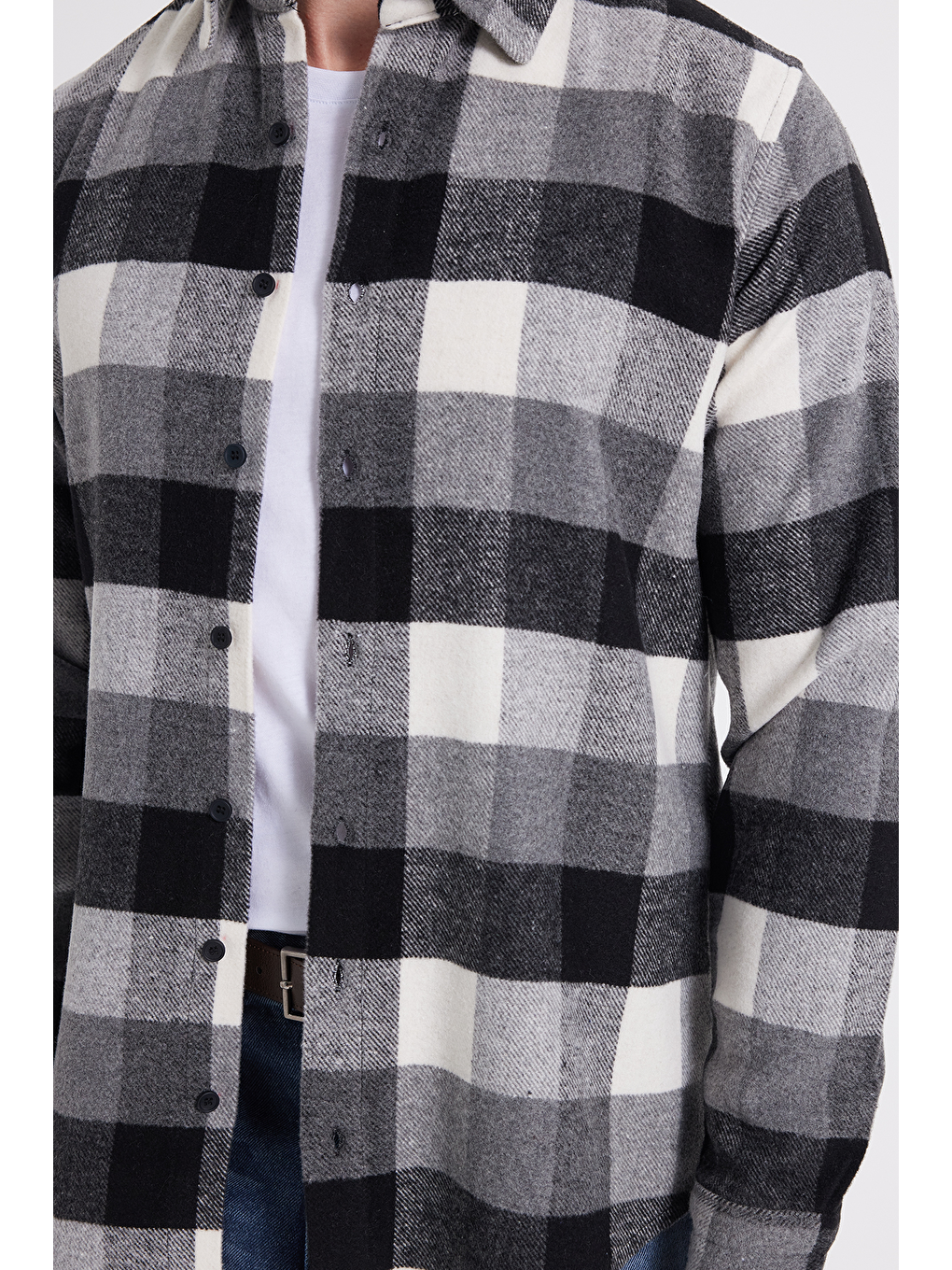 Gri Erkek Slim Fit Dar Kesim Kareli Kışlık Oduncu Gömlek-3