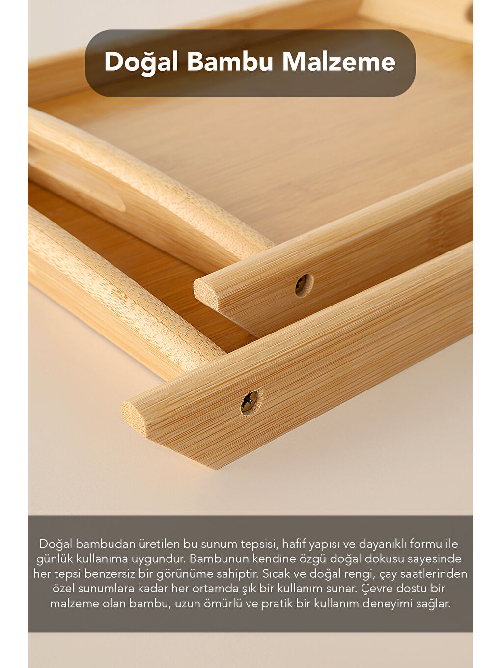 Bej 2'li Kulplu Kayık Bambu Tepsi-4