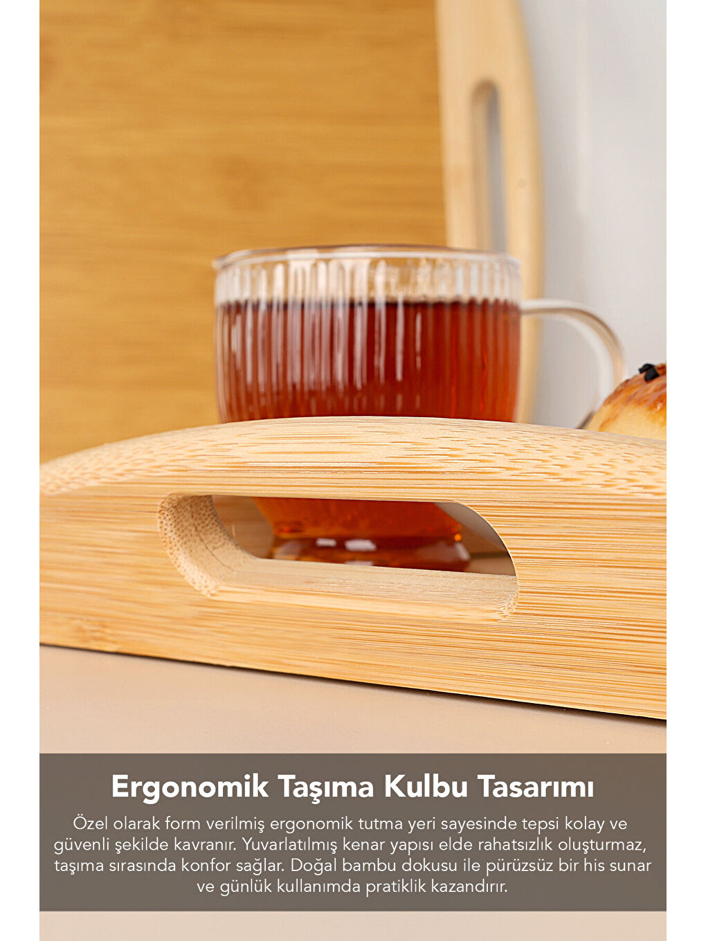 Bej 2'li Kulplu Kayık Bambu Tepsi-5