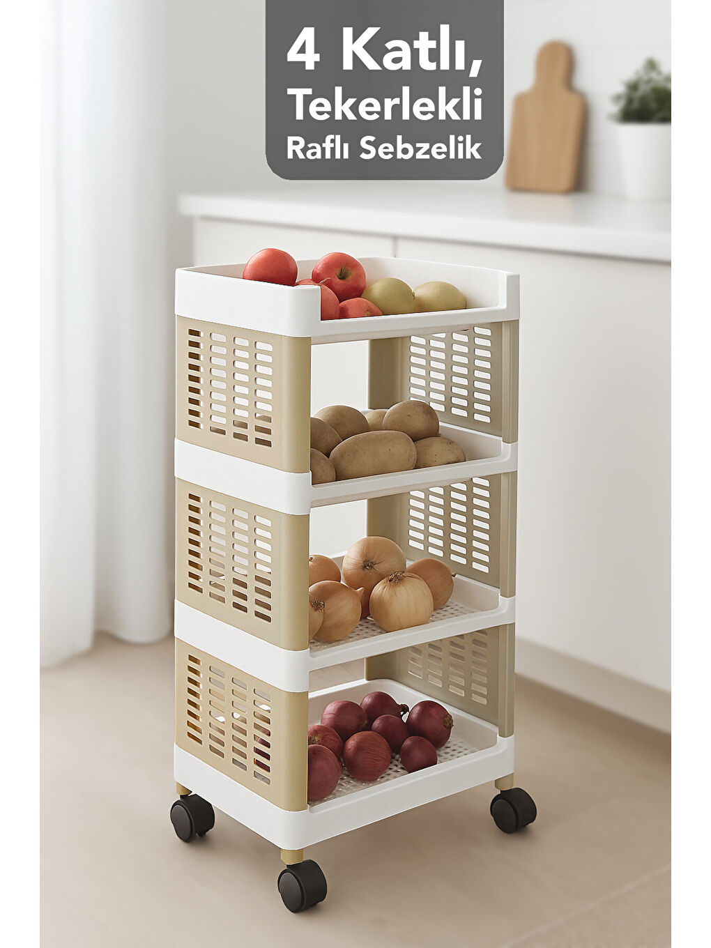Bej 4 Katlı Tekerlekli Çok Amaçlı Mutfak Rafı