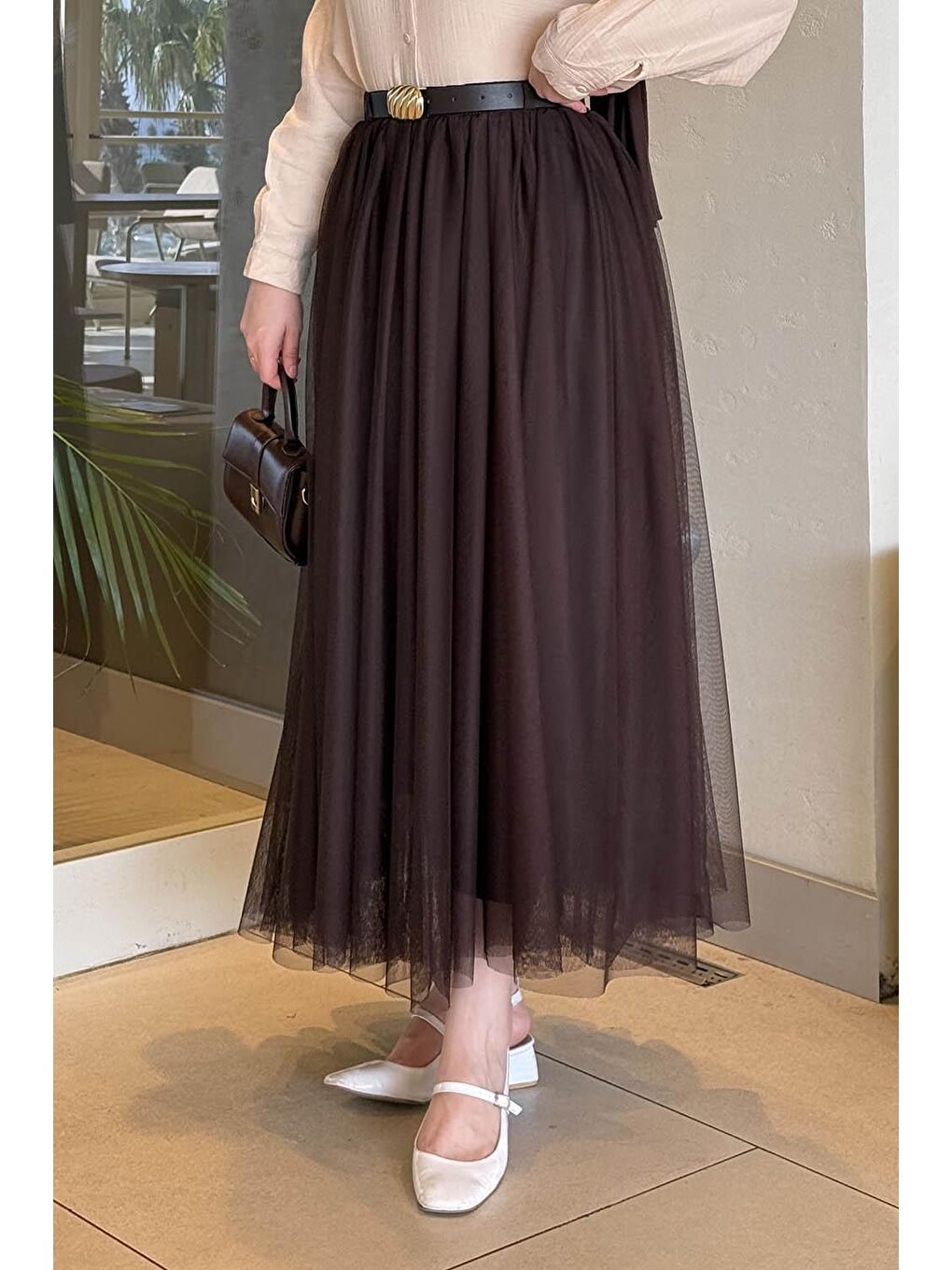 Pileli Kemerli Tül Etek Acı Kahverengi-1