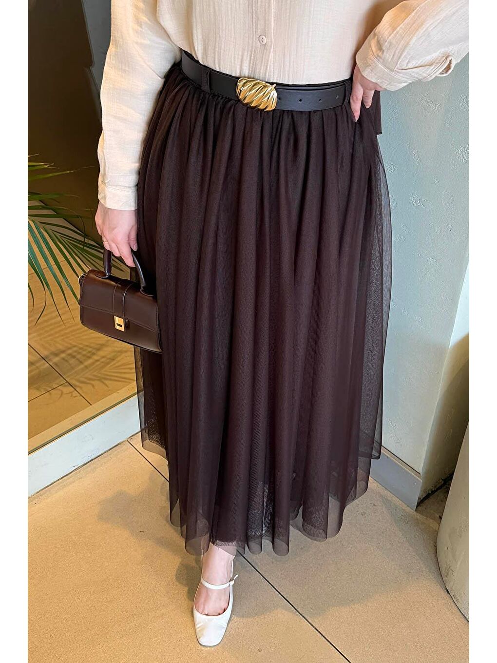 Pileli Kemerli Tül Etek Acı Kahverengi-2