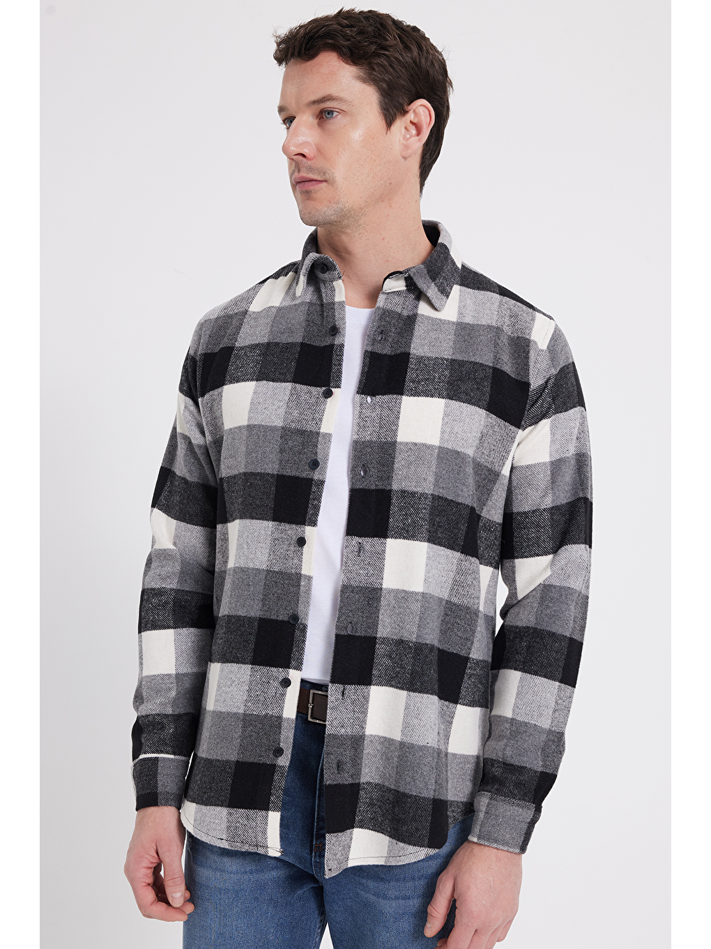 Gri Erkek Slim Fit Dar Kesim Kareli Kışlık Oduncu Gömlek-6