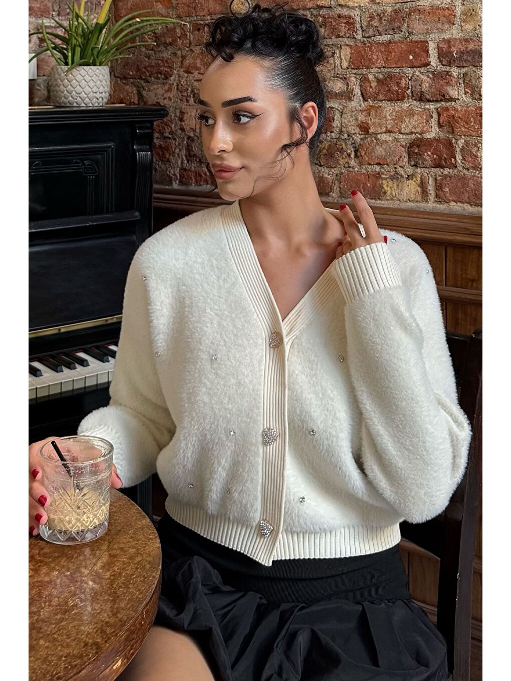 Ekru Kadın Taşlı Yumoş Triko Ceket (s-m-l-xl Beden Uyumludur.)