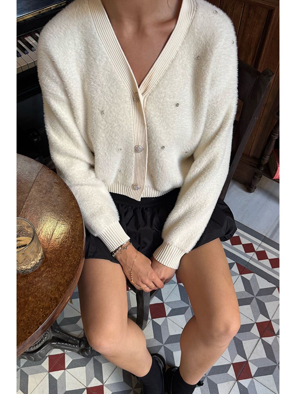 Ekru Kadın Taşlı Yumoş Triko Ceket (s-m-l-xl Beden Uyumludur.)-1