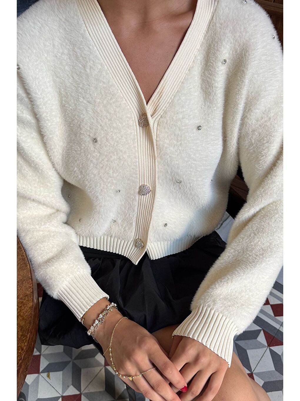 Ekru Kadın Taşlı Yumoş Triko Ceket (s-m-l-xl Beden Uyumludur.)-2