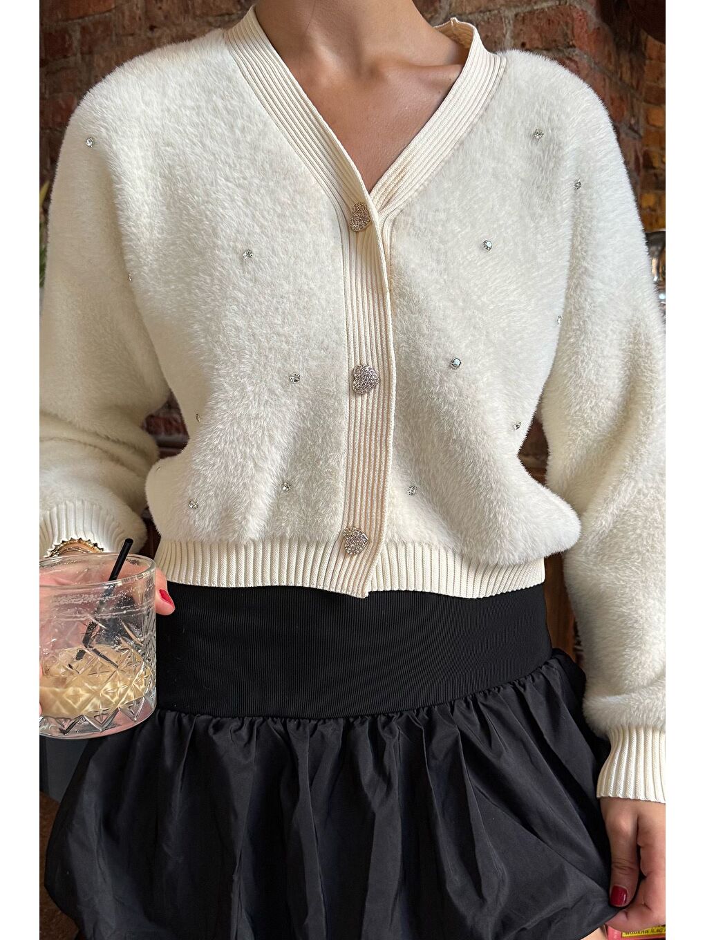 Ekru Kadın Taşlı Yumoş Triko Ceket (s-m-l-xl Beden Uyumludur.)-3