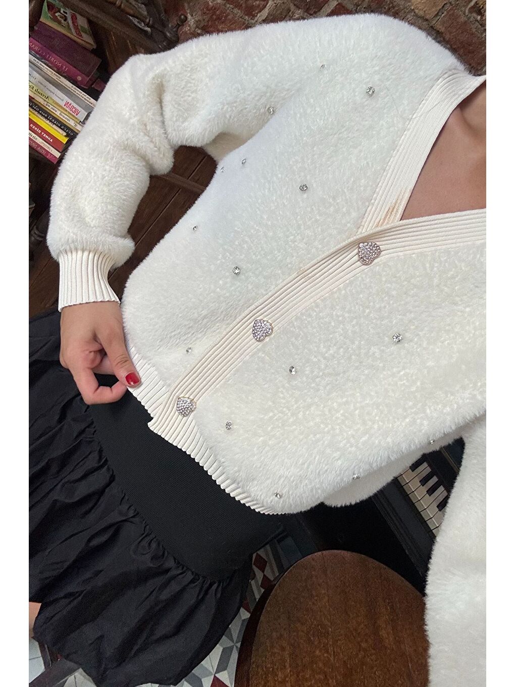 Ekru Kadın Taşlı Yumoş Triko Ceket (s-m-l-xl Beden Uyumludur.)-4