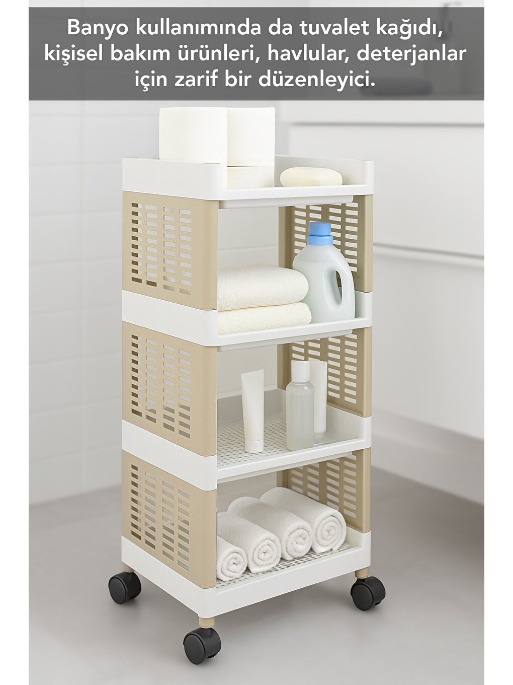 Bej 4 Katlı Tekerlekli Çok Amaçlı Mutfak Rafı-3