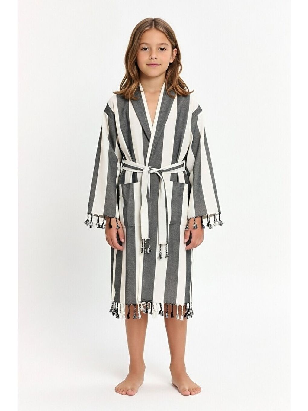 Siyah Çocuk Striped Peştamal Bornoz %100 Pamuk Unisex