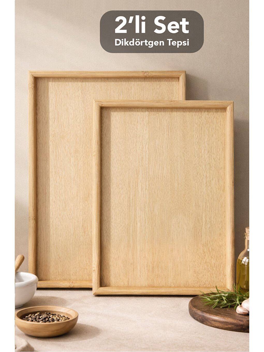 Bej 2'li Dikdörtgen Tepsi Seti