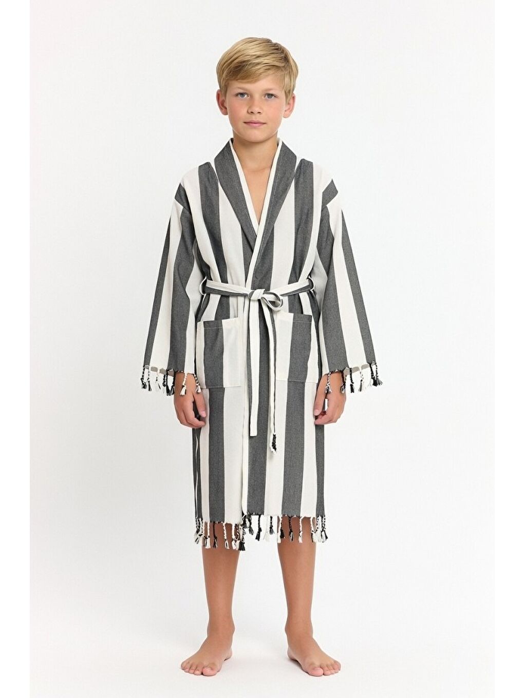 Siyah Çocuk Striped Peştamal Bornoz %100 Pamuk Unisex-2