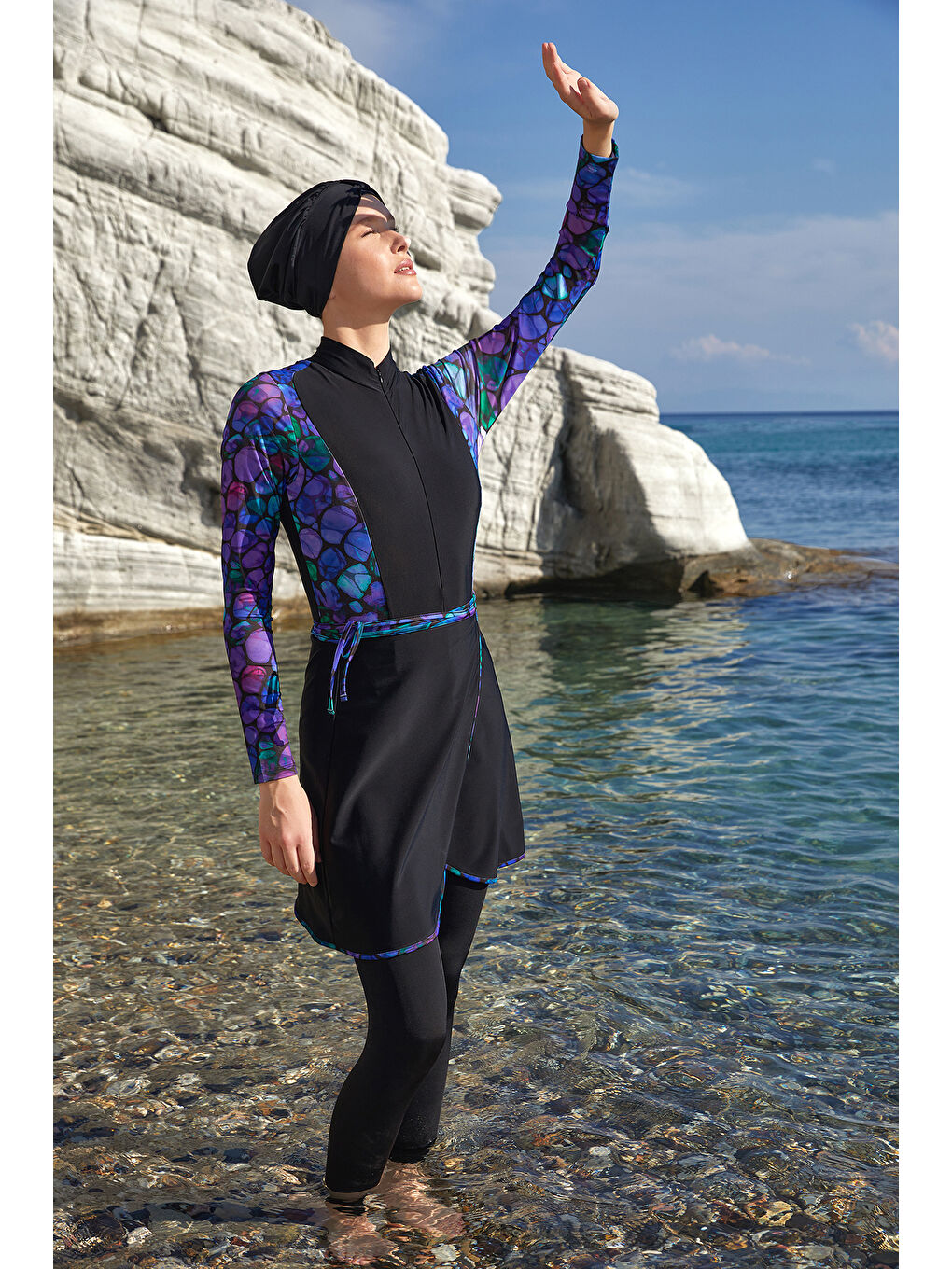 3 Farklı Şekilde Giyilebilir Elastanlı Etekli Tesettür Mayo 1115 Siyah04-1