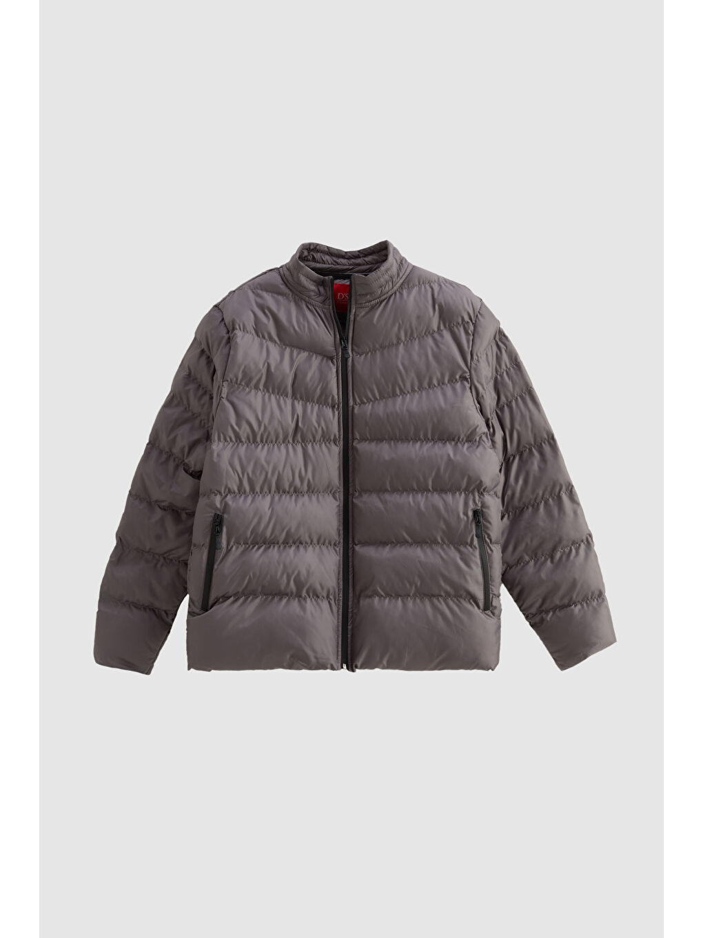 Slim Fit Gri Rüzgar Geçirmez Elyaf Dolgulu Şişme Mont-4