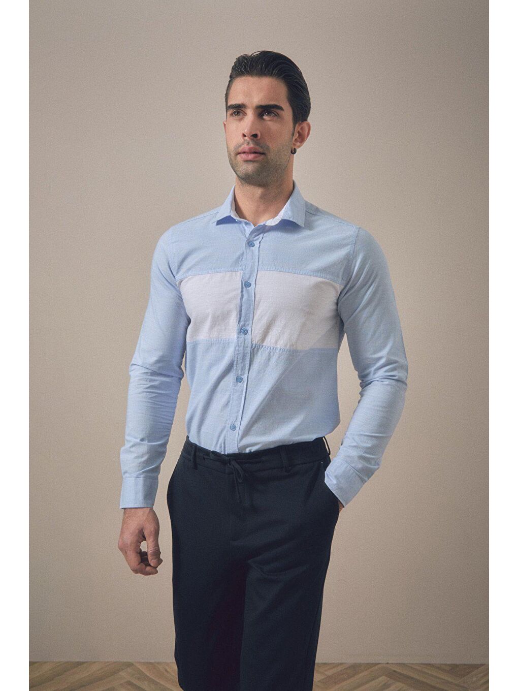 Mavi Renk Bloklu Uzun Kollu Gömlek