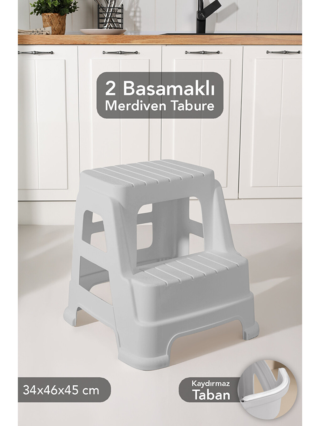 Gri Büyük Boy 2 Basamaklı Merdiven Tabure