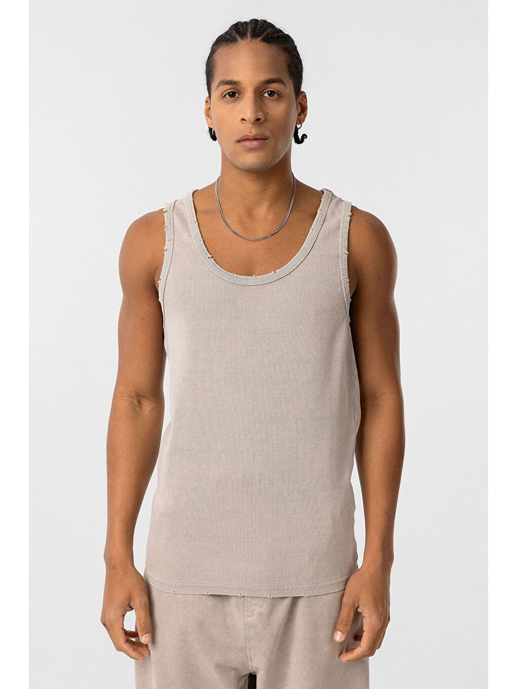 Bej Yıkamalı Tank Top Kaşkorse Kolsuz Tişört Taş