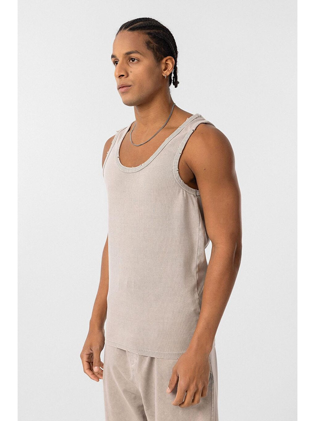 Bej Yıkamalı Tank Top Kaşkorse Kolsuz Tişört Taş-2
