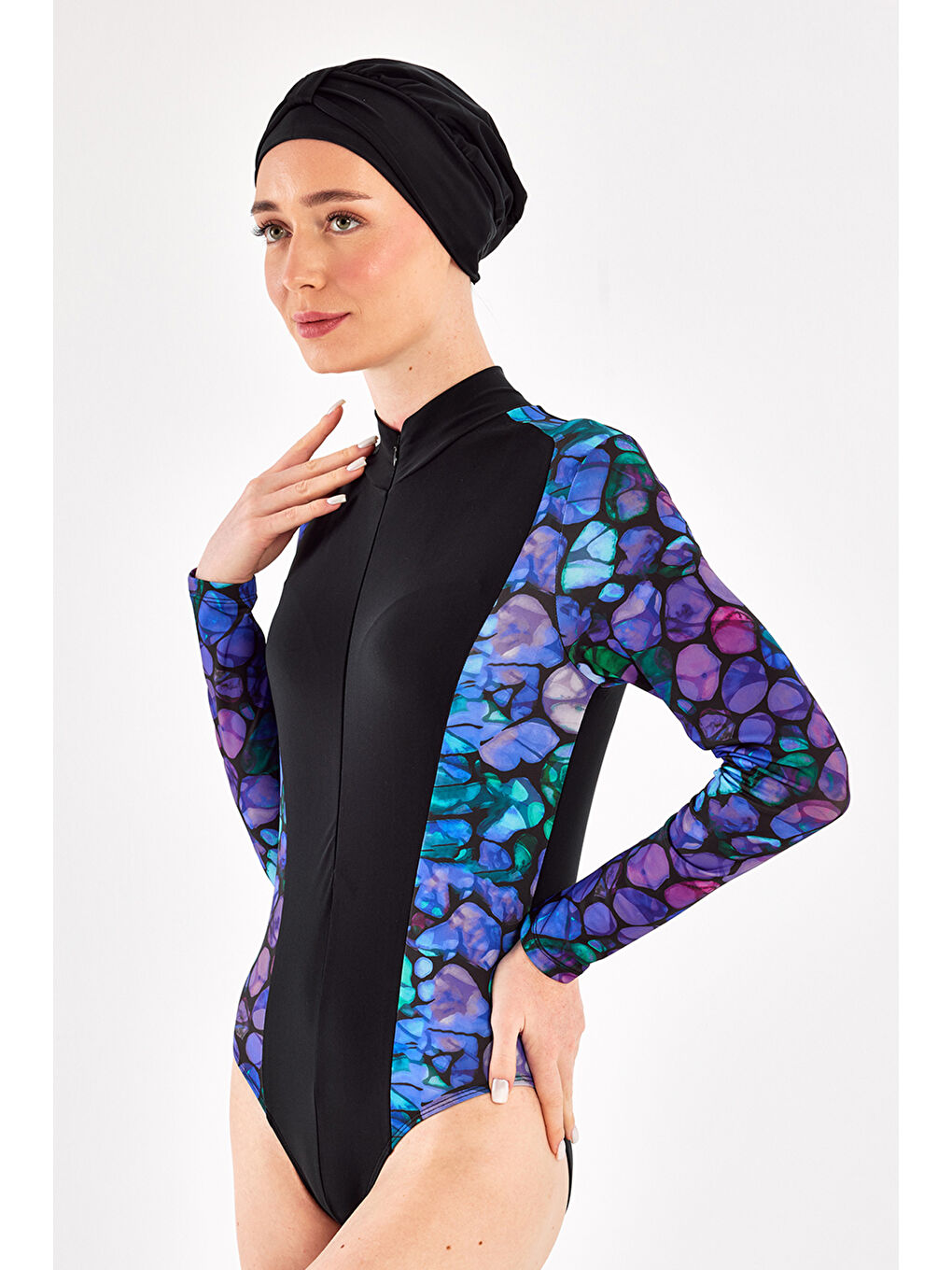 3 Farklı Şekilde Giyilebilir Elastanlı Etekli Tesettür Mayo 1115 Siyah04-3