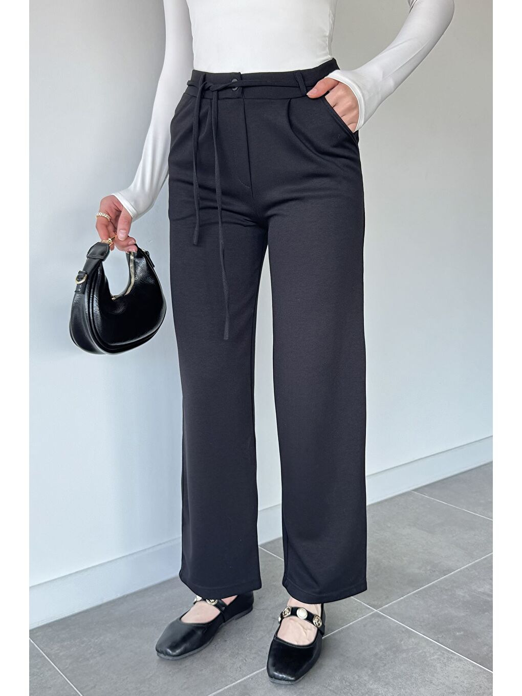 Siyah Düğmeli Palazzo Pantolon-1