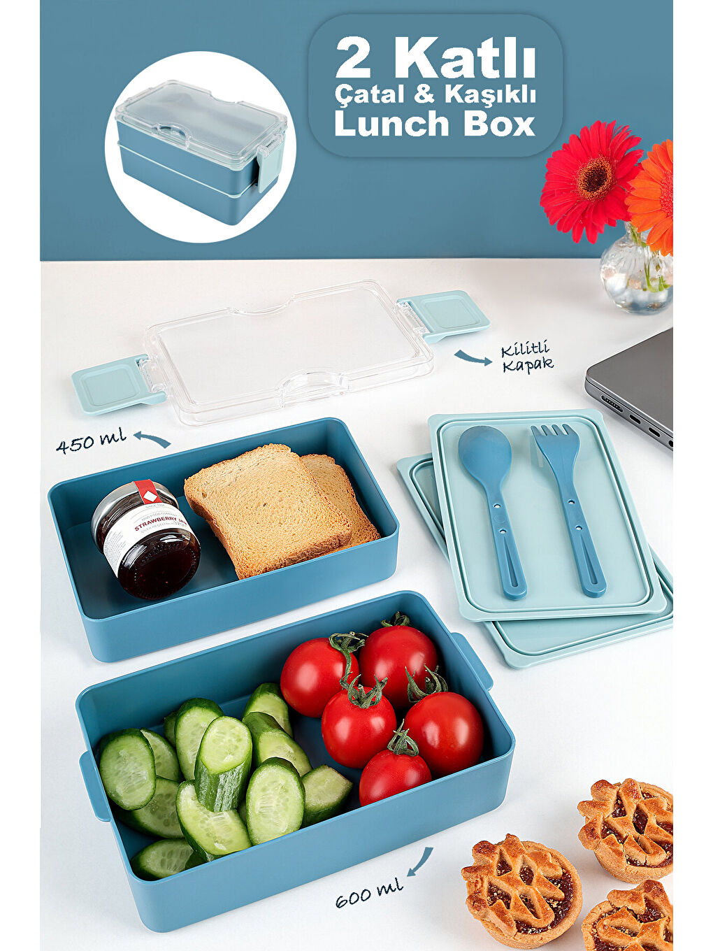 2 Katlı Kilitli Beslenme Kabı - Kendinden Çatal Kaşıklı Lunch Box Beslenme Kutusu Saklama Kabı Mavi