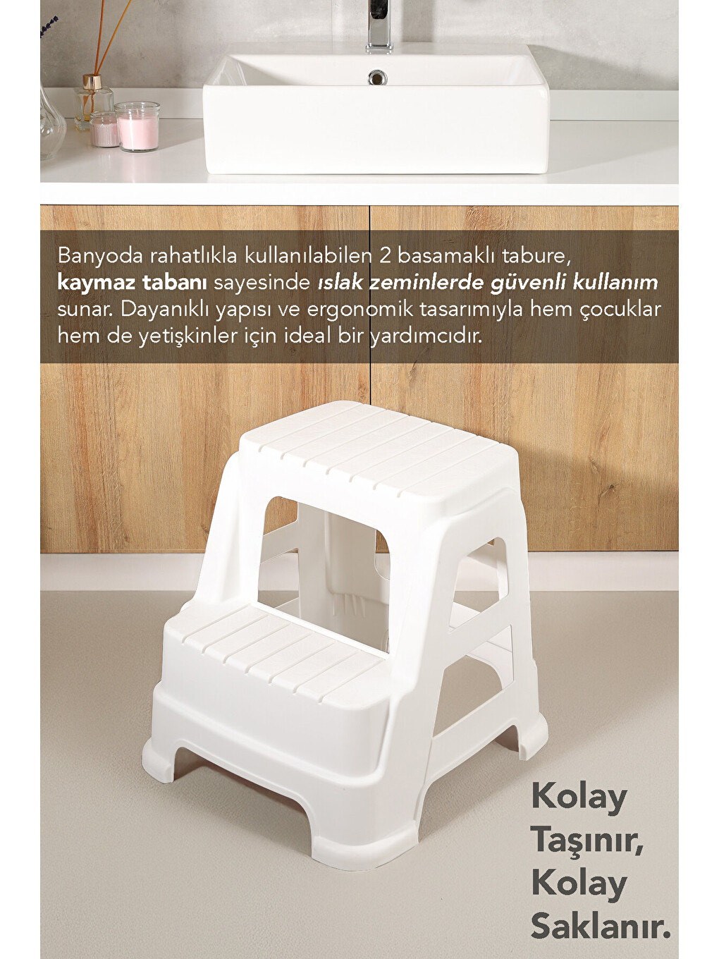 Beyaz Büyük Boy 2 Basamaklı Merdiven Tabure-3