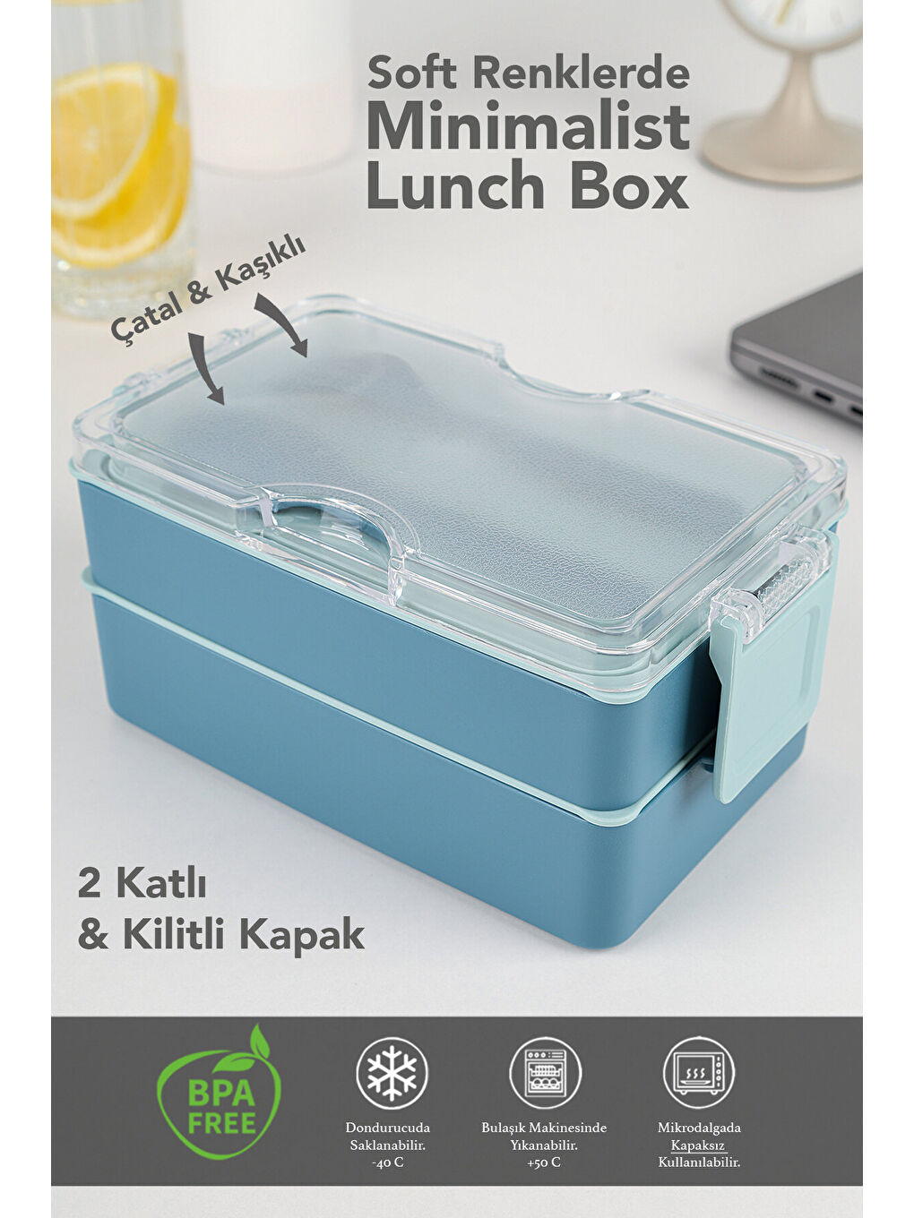 2 Katlı Kilitli Beslenme Kabı - Kendinden Çatal Kaşıklı Lunch Box Beslenme Kutusu Saklama Kabı Mavi-1