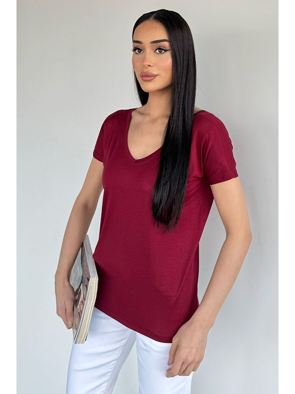 Bordo Ön Arka V Yaka Kadın T-shirt-1