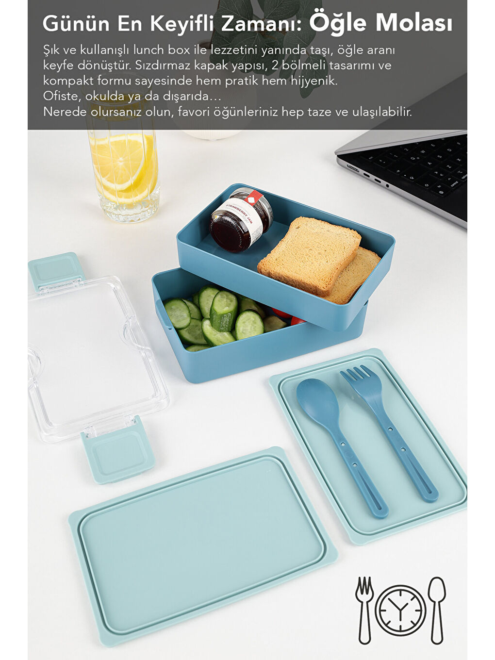 2 Katlı Kilitli Beslenme Kabı - Kendinden Çatal Kaşıklı Lunch Box Beslenme Kutusu Saklama Kabı Mavi-3