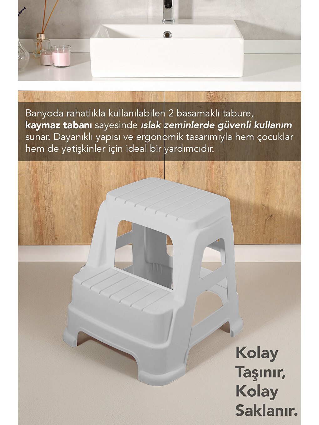 Gri Büyük Boy 2 Basamaklı Merdiven Tabure-3