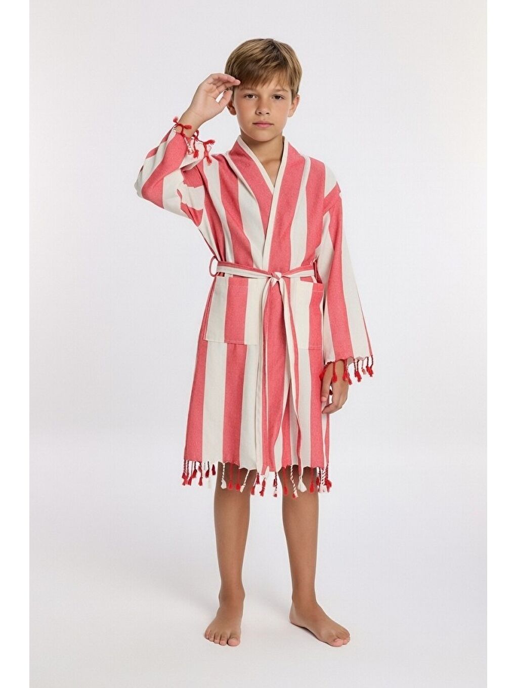 Kırmızı Çocuk Striped Peştamal Bornoz %100 Pamuk Unisex