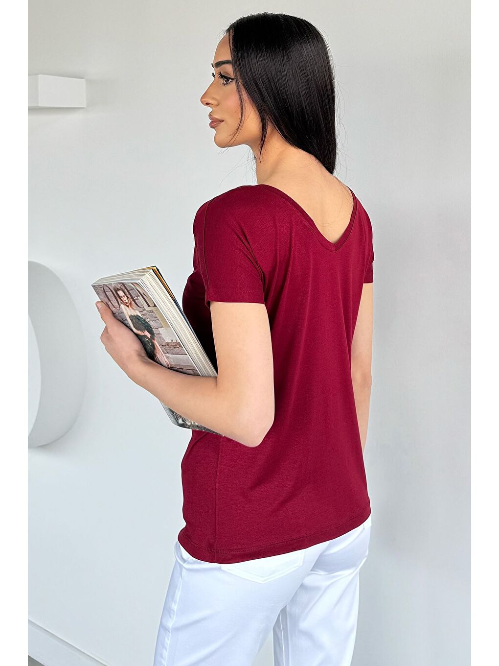 Bordo Ön Arka V Yaka Kadın T-shirt-3