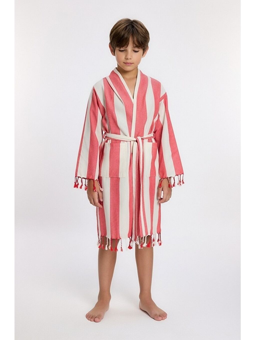 Kırmızı Çocuk Striped Peştamal Bornoz %100 Pamuk Unisex-1