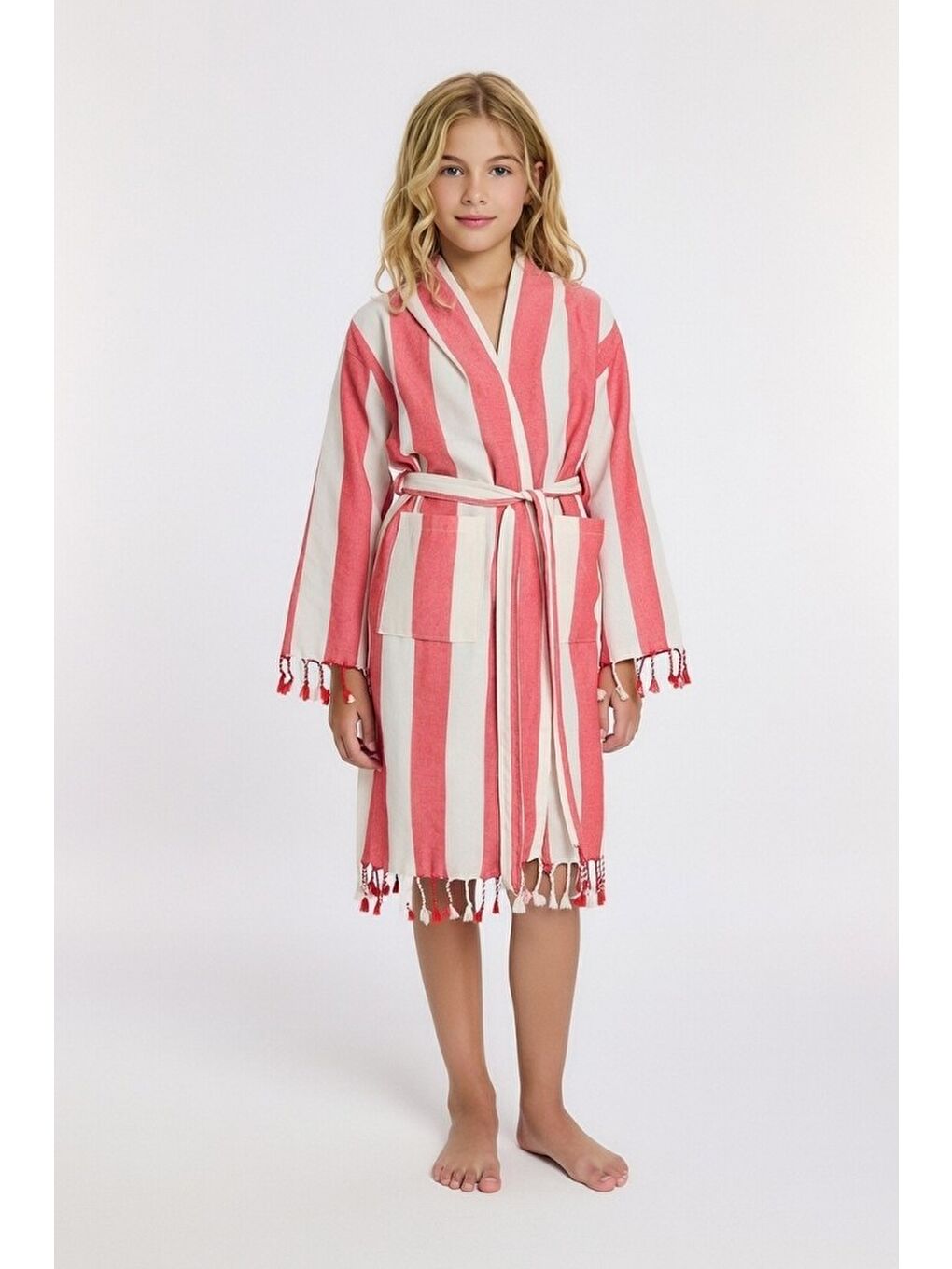Kırmızı Çocuk Striped Peştamal Bornoz %100 Pamuk Unisex-2
