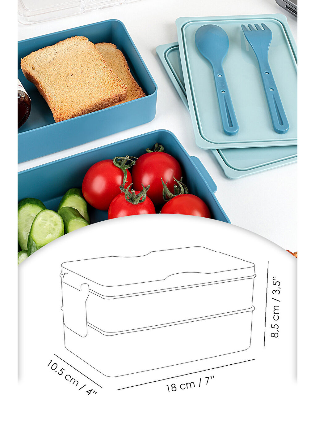 2 Katlı Kilitli Beslenme Kabı - Kendinden Çatal Kaşıklı Lunch Box Beslenme Kutusu Saklama Kabı Mavi-5