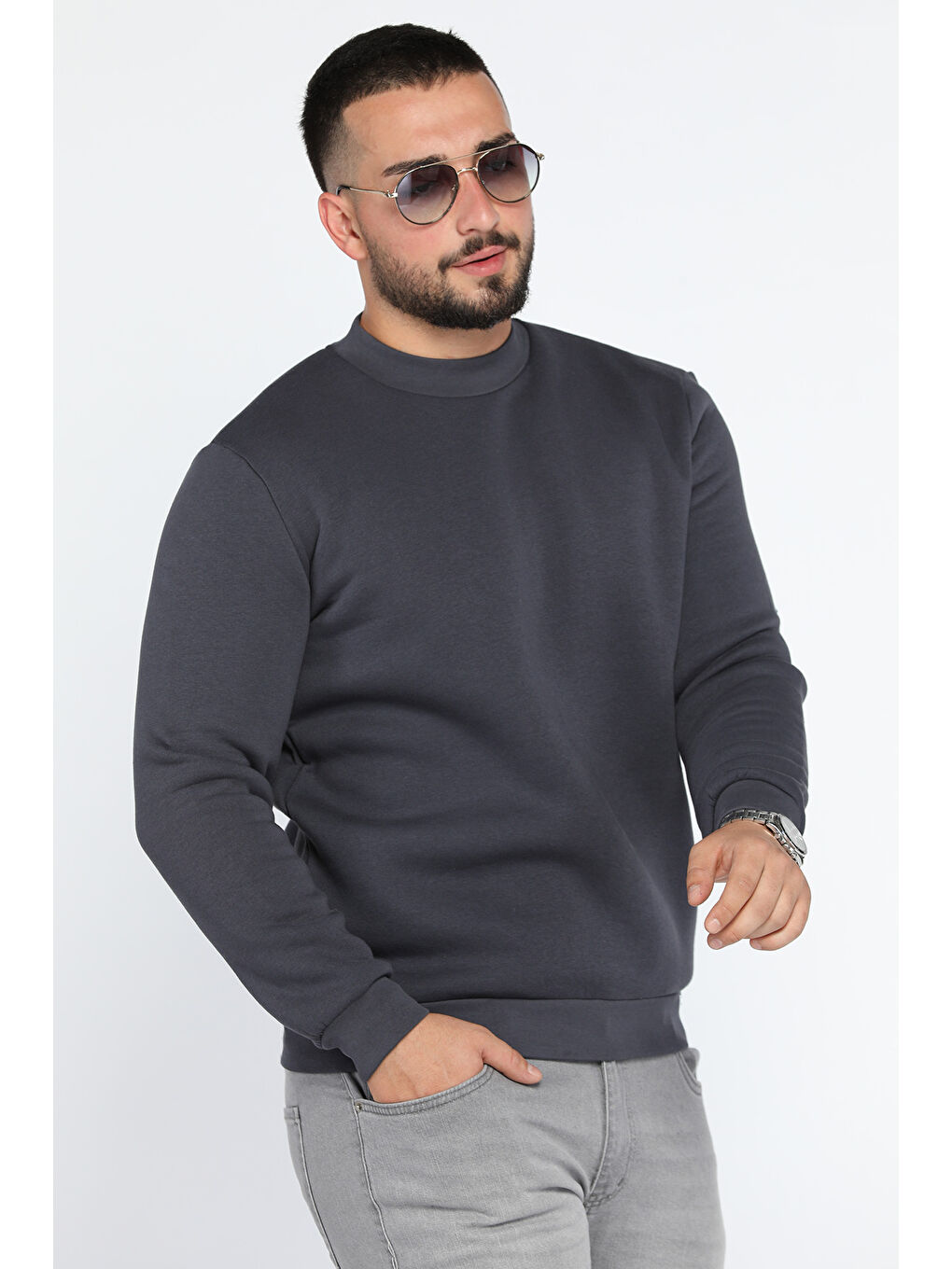 Mishar İtalia Gri Üç İplik Şardonlu Bisiklet Yaka Erkek Sweatshirt - 1