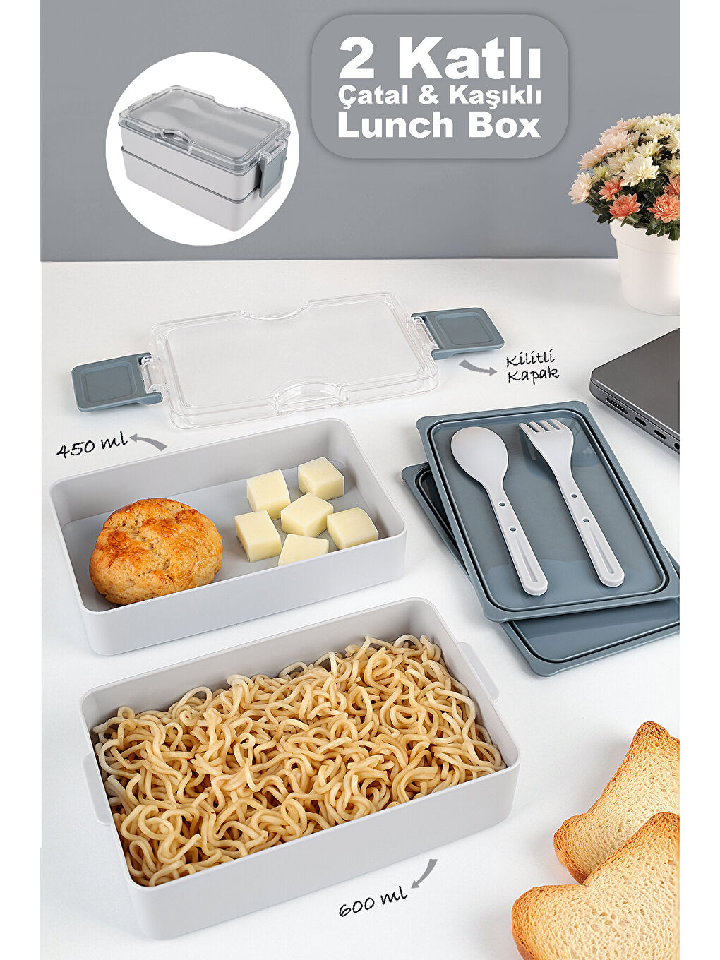 2 Katlı Kilitli Beslenme Kabı - Kendinden Çatal Kaşıklı Lunch Box Beslenme Kutusu Saklama Kabı Gri