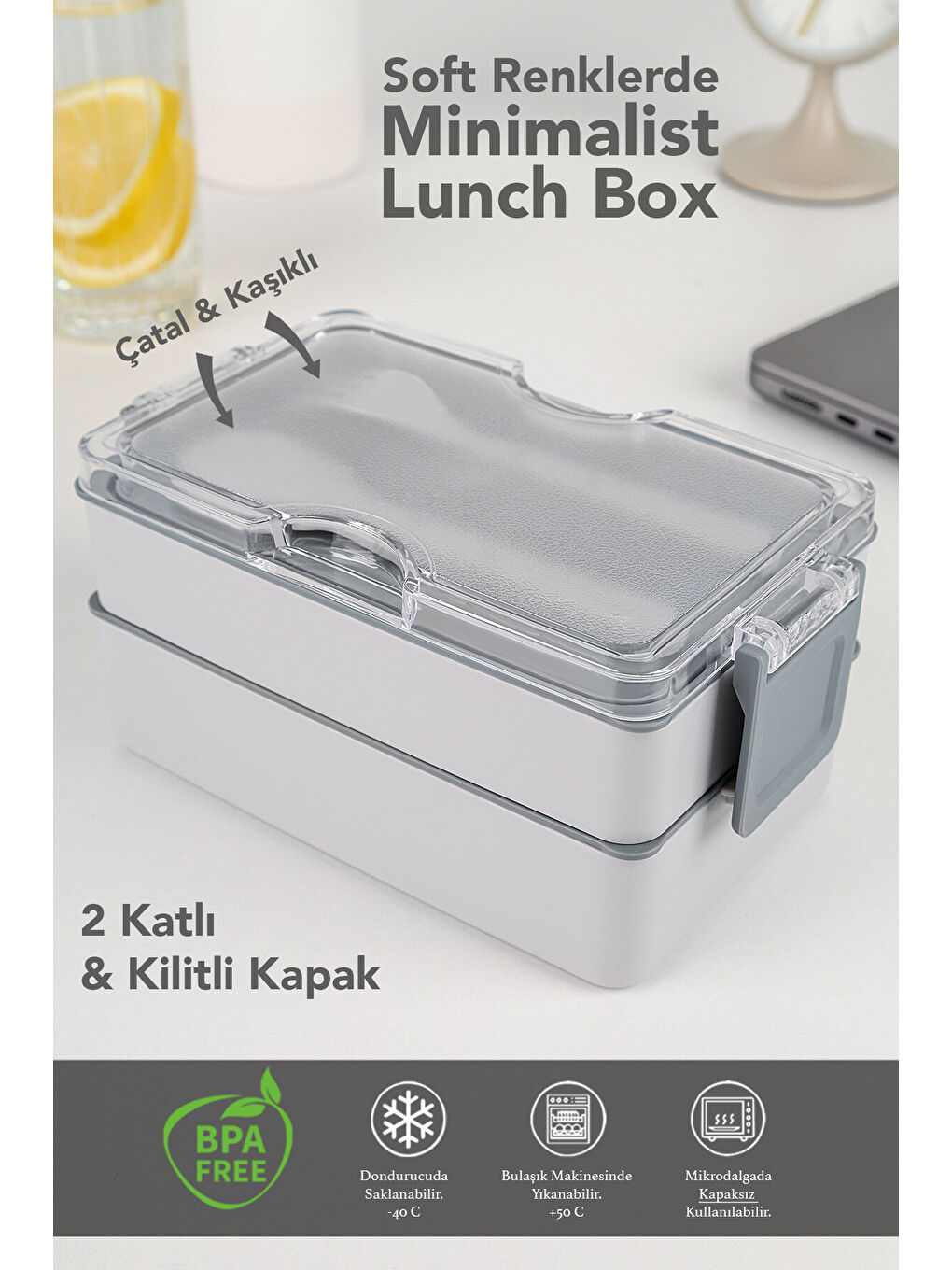 2 Katlı Kilitli Beslenme Kabı - Kendinden Çatal Kaşıklı Lunch Box Beslenme Kutusu Saklama Kabı Gri-1