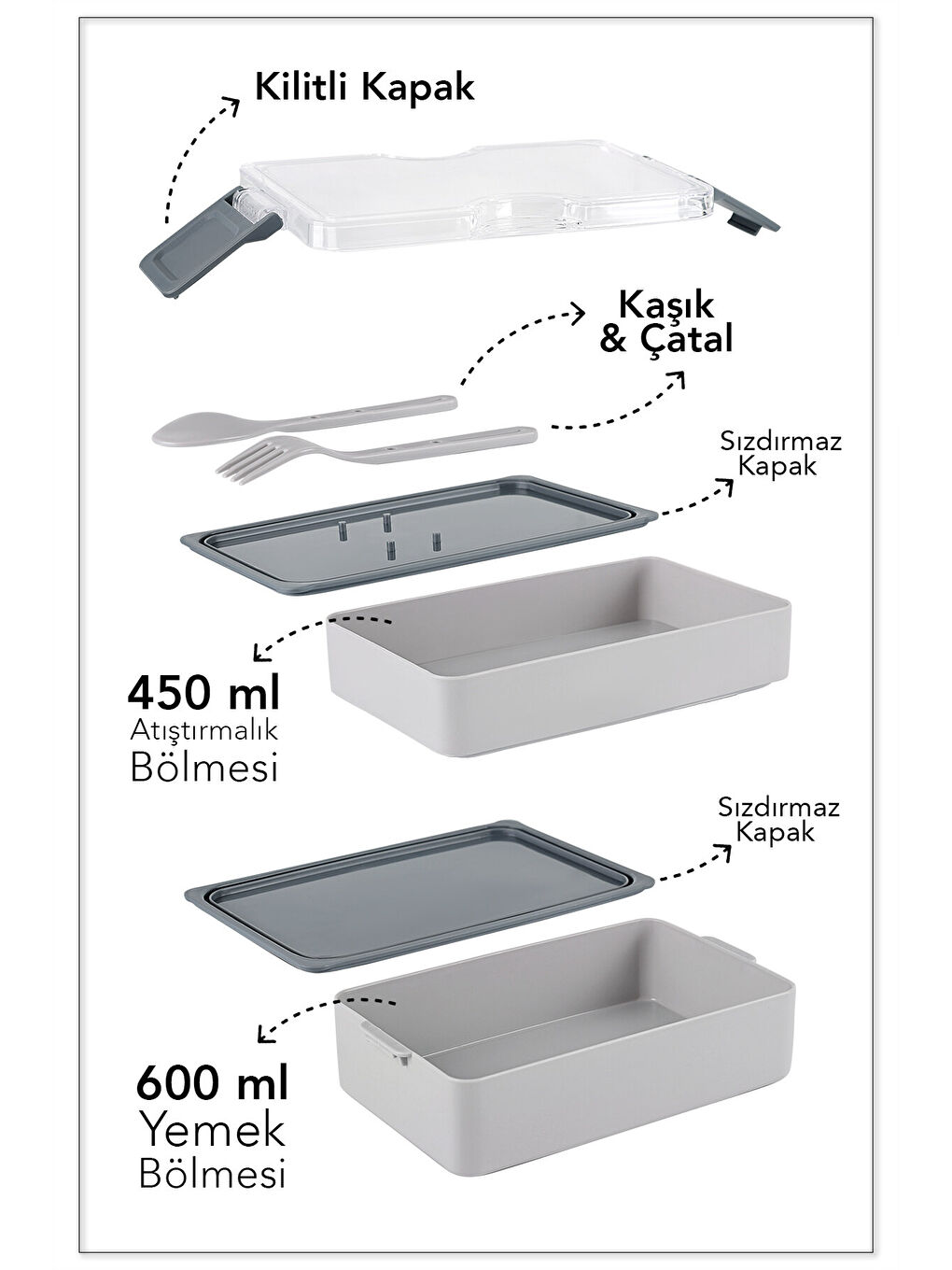 2 Katlı Kilitli Beslenme Kabı - Kendinden Çatal Kaşıklı Lunch Box Beslenme Kutusu Saklama Kabı Gri-2