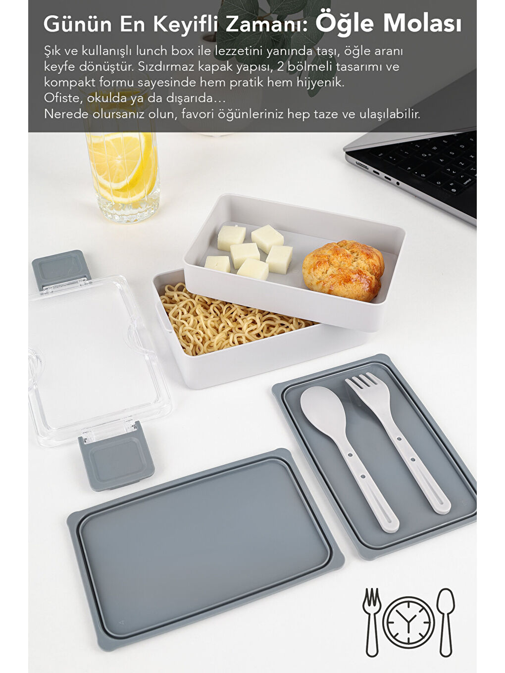 2 Katlı Kilitli Beslenme Kabı - Kendinden Çatal Kaşıklı Lunch Box Beslenme Kutusu Saklama Kabı Gri-3