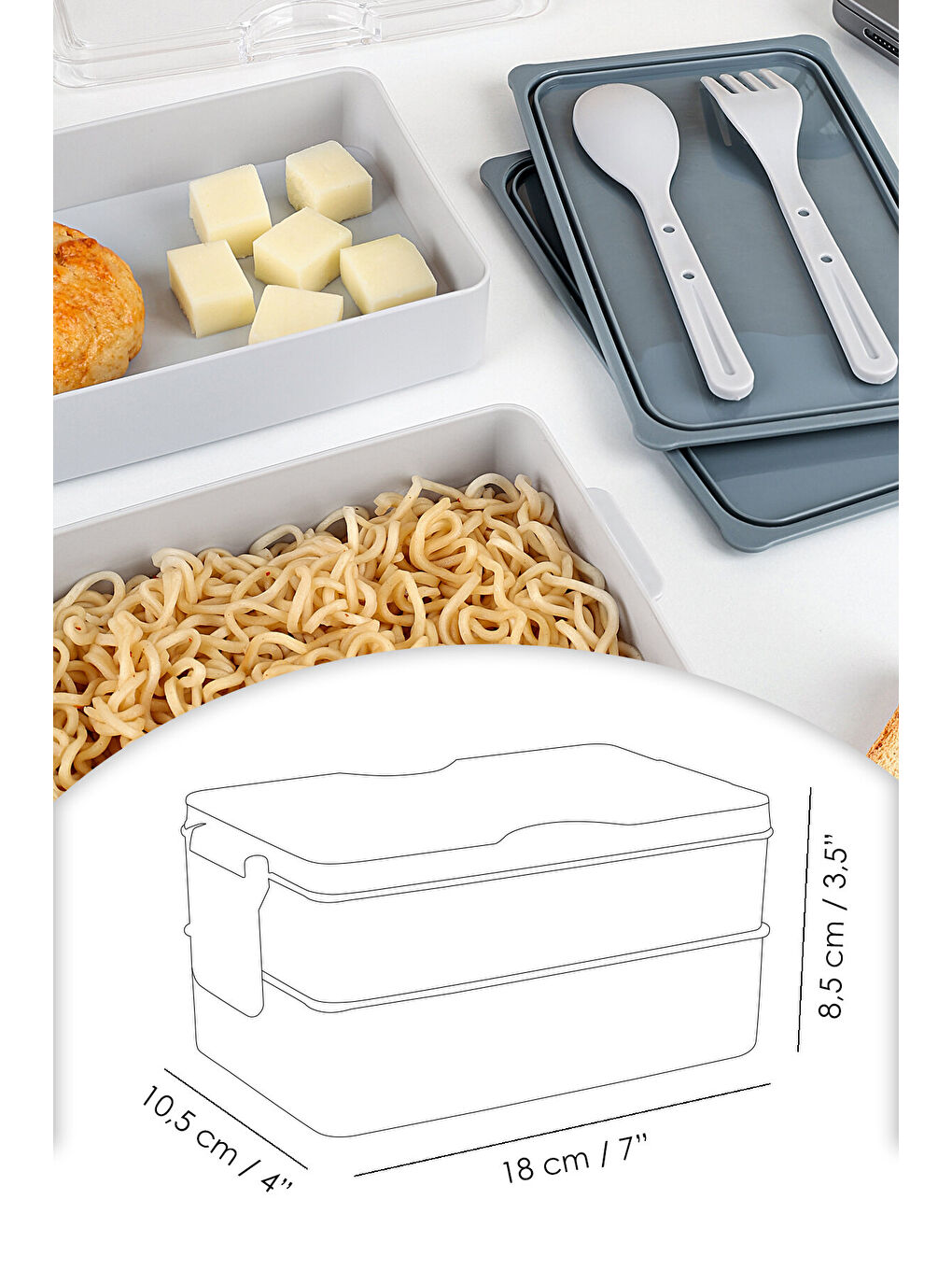 2 Katlı Kilitli Beslenme Kabı - Kendinden Çatal Kaşıklı Lunch Box Beslenme Kutusu Saklama Kabı Gri-5