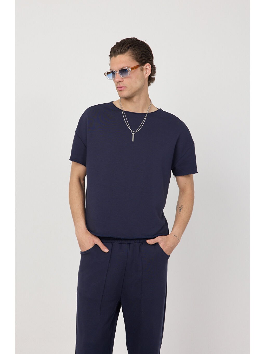 Erkek Blank Boxy Lacivert Tişört-1