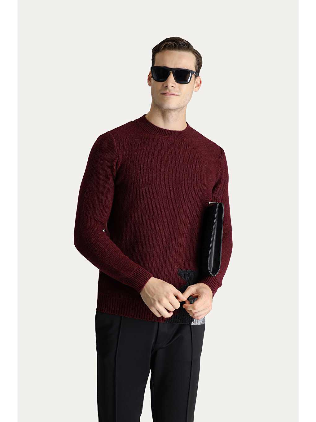 Bordo Bisiklet Yaka Slim Fit Dar Kesim Yünlü Desenli Triko Kazak