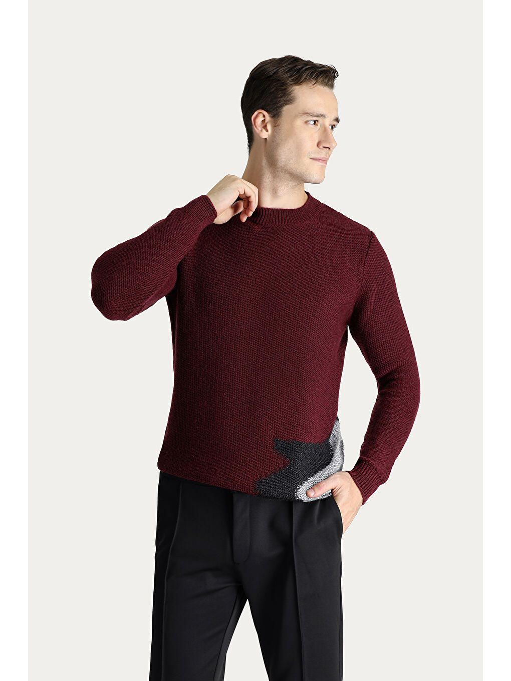 Bordo Bisiklet Yaka Slim Fit Dar Kesim Yünlü Desenli Triko Kazak-1